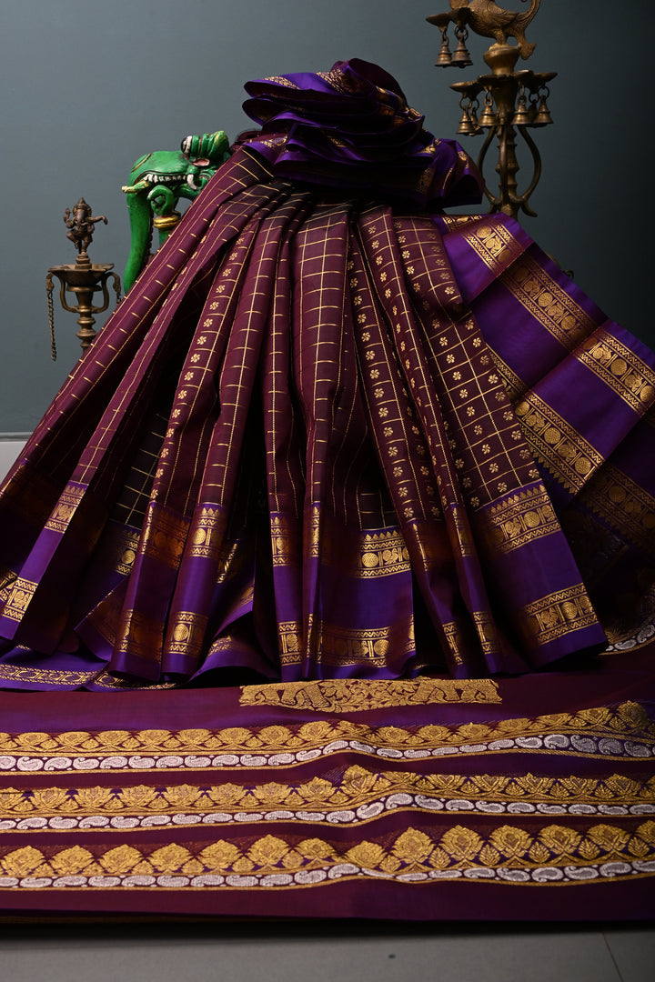 Coffee Brown Zari Checks on Pure Kanjivaram Soft Silk Saree with Zari Buttas-Brocade and Contrast Rettiapet Zari Border | SILK MARK CERTIFIED | SHOBITAM