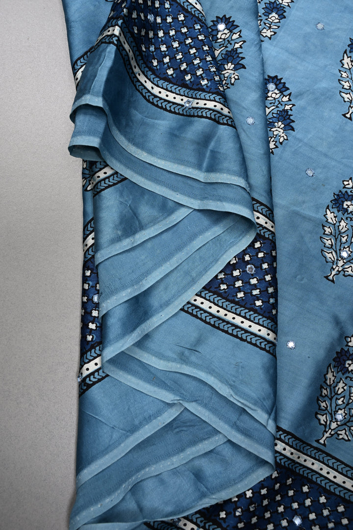 Bluish-Gray Authentic Hand Block Print on Modal Silk Saree with Hand Embellished Tikki Work  | SHOBITAM