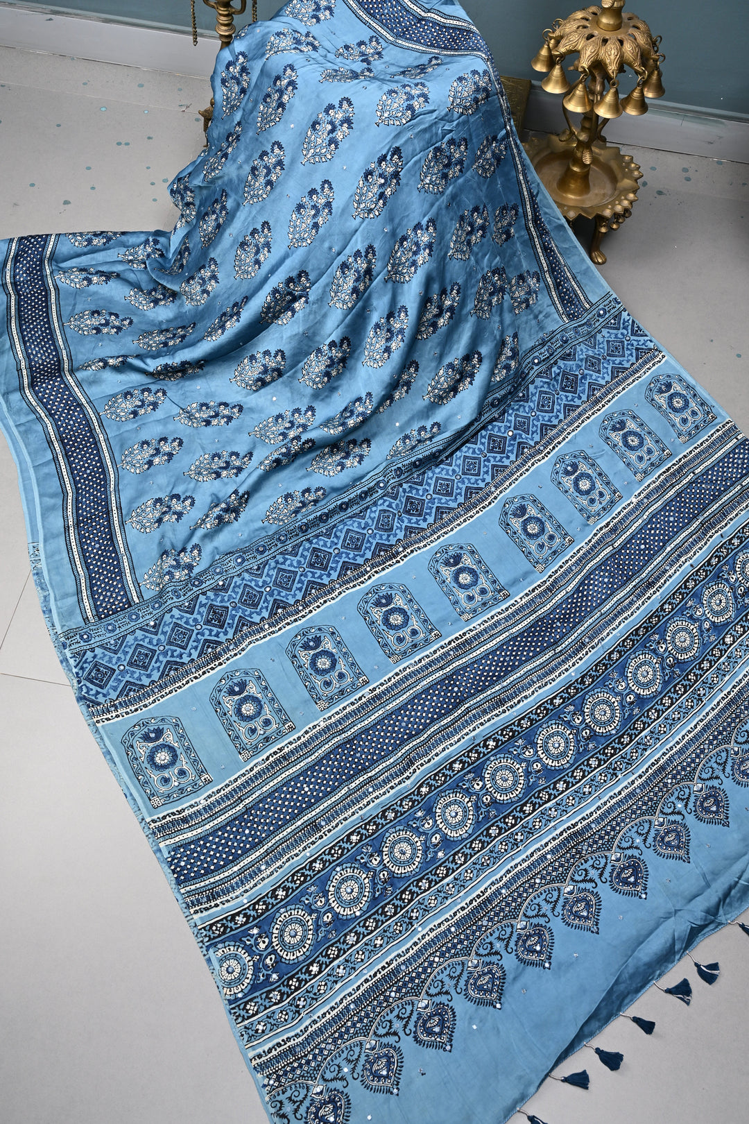Bluish-Gray Authentic Hand Block Print on Modal Silk Saree with Hand Embellished Tikki Work  | SHOBITAM