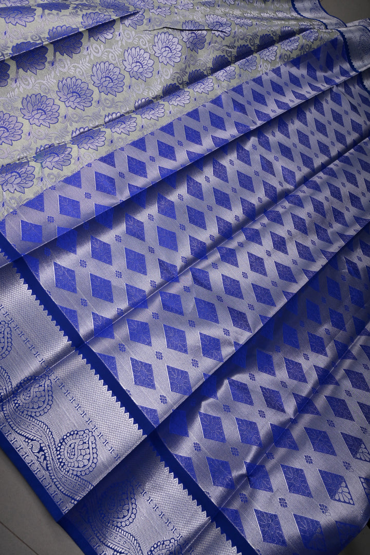 Green Kanjivaram Soft Semi Tissue Silk Saree with Meenakari Floral Brocade Jaal and Zari Border | SHOBITAM