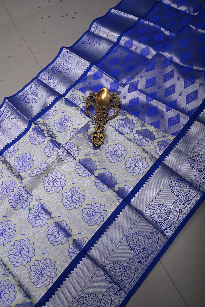 Green Kanjivaram Soft Semi Tissue Silk Saree with Meenakari Floral Brocade Jaal and Zari Border | SHOBITAM