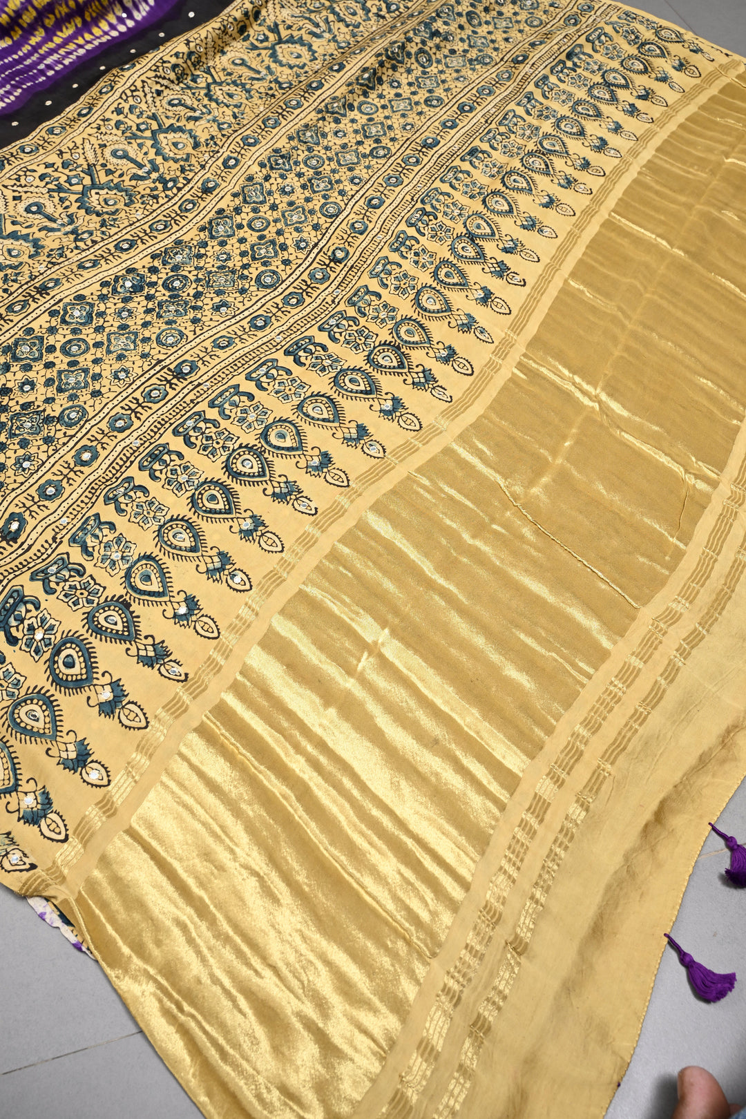 Tikki Work on Ajrakh Shibori Handcrafted Jugalbandi Saree in Purple Modal Silk  | SHOBITAM