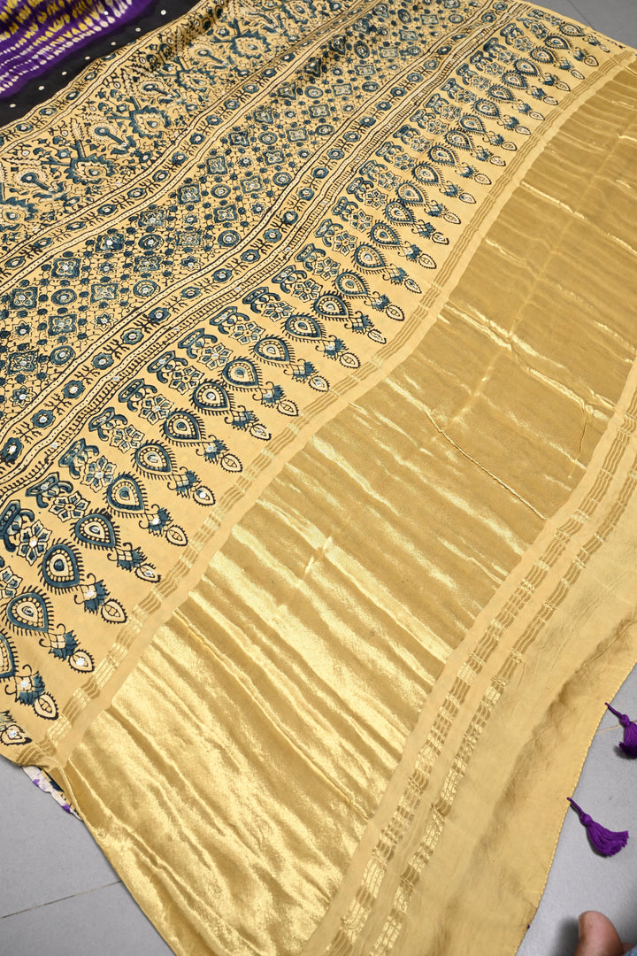 Tikki Work on Ajrakh Shibori Handcrafted Jugalbandi Saree in Purple Modal Silk  | SHOBITAM