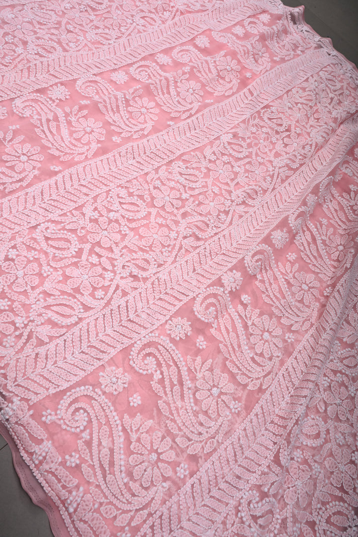 Rose Pink Authentic Hand-Embroidered Full Jaal Chikankari Georgette Saree with Sequins and Border  | SHOBITAM