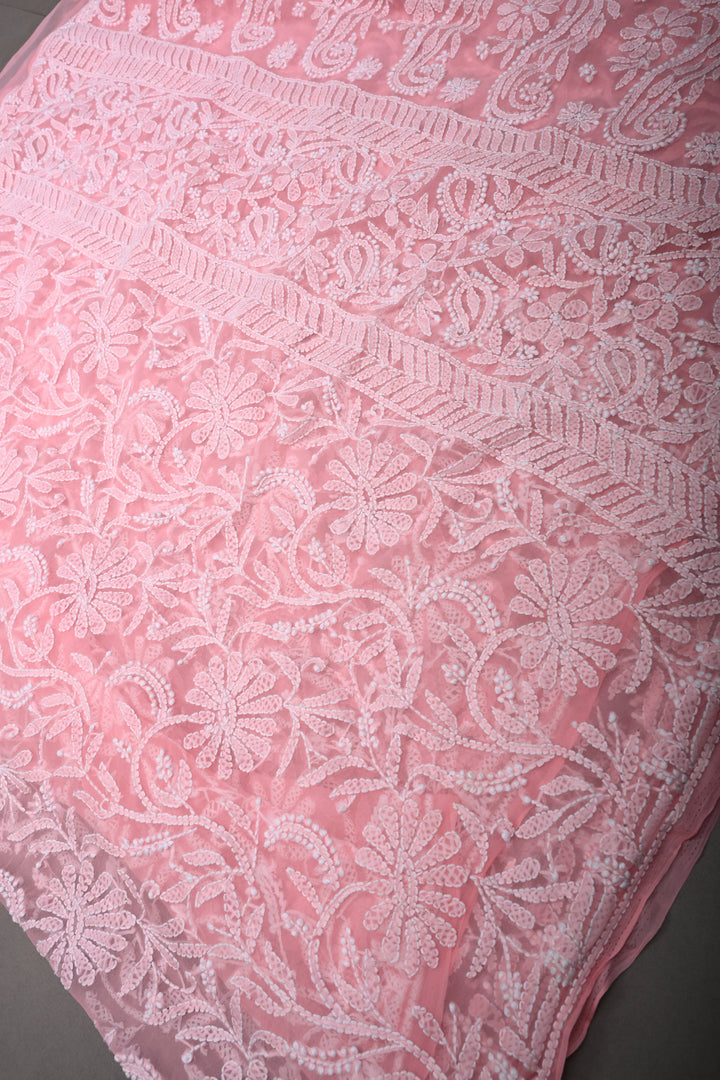 Rose Pink Authentic Hand-Embroidered Full Jaal Chikankari Georgette Saree with Sequins and Border  | SHOBITAM