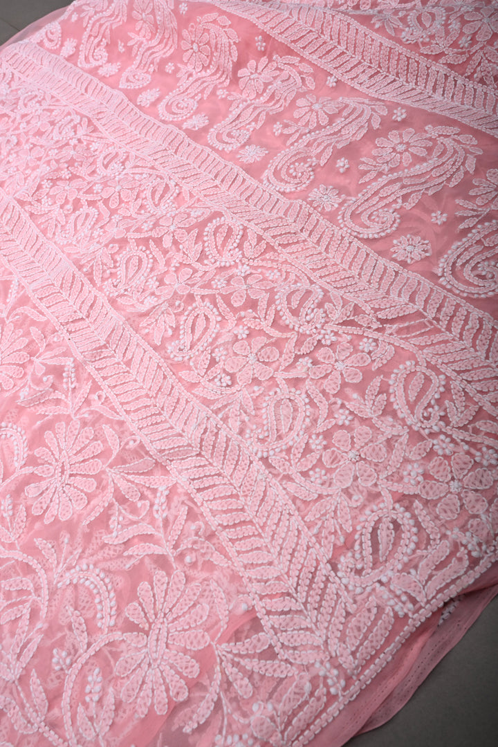 Rose Pink Authentic Hand-Embroidered Full Jaal Chikankari Georgette Saree with Sequins and Border  | SHOBITAM