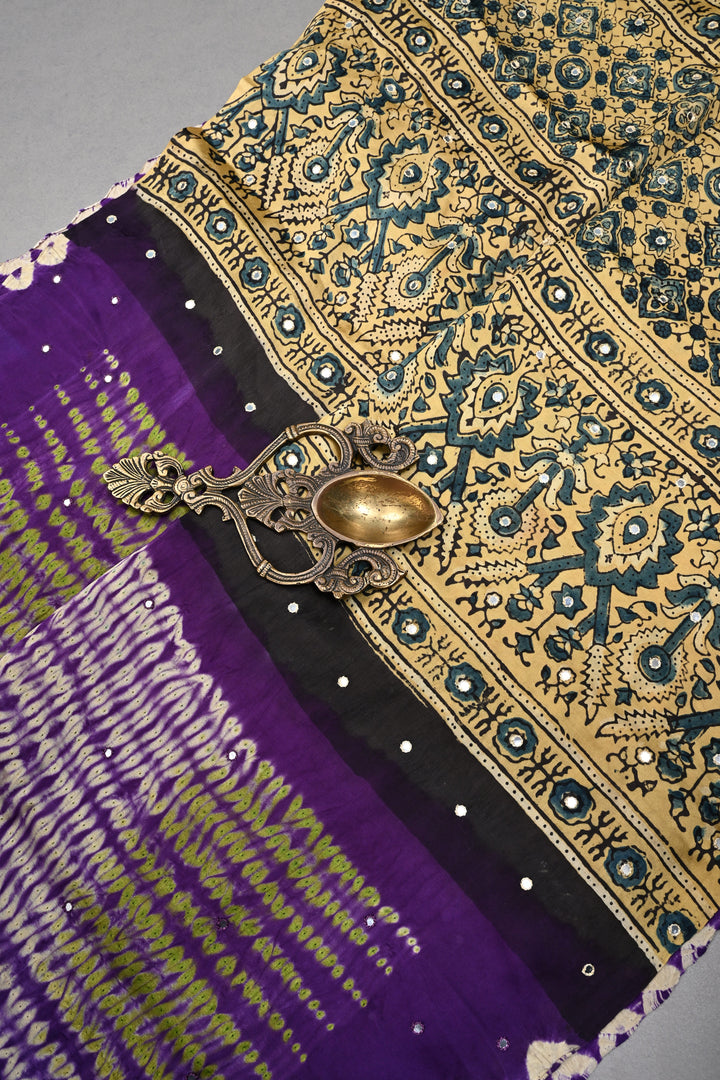 Tikki Work on Ajrakh Shibori Handcrafted Jugalbandi Saree in Purple Modal Silk  | SHOBITAM