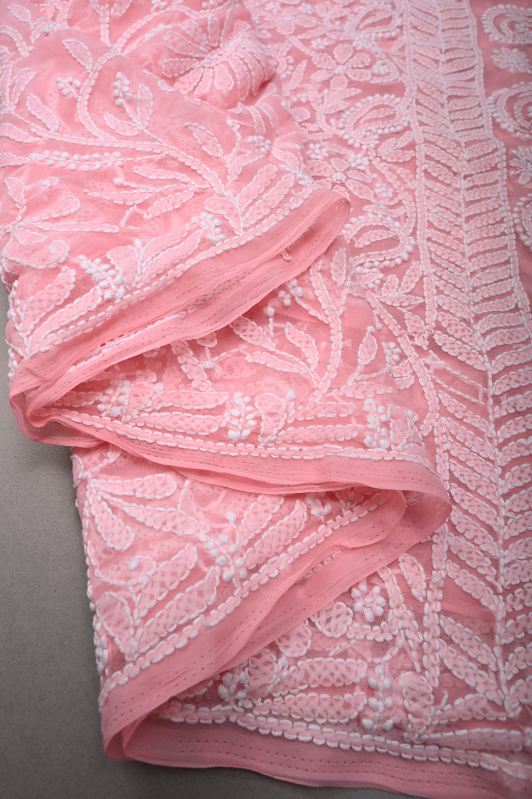 Rose Pink Authentic Hand-Embroidered Full Jaal Chikankari Georgette Saree with Sequins and Border  | SHOBITAM