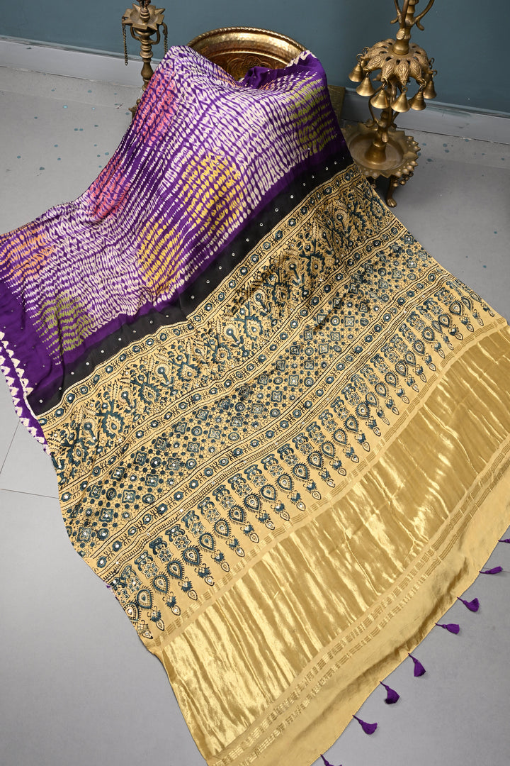 Tikki Work on Ajrakh Shibori Handcrafted Jugalbandi Saree in Purple Modal Silk  | SHOBITAM