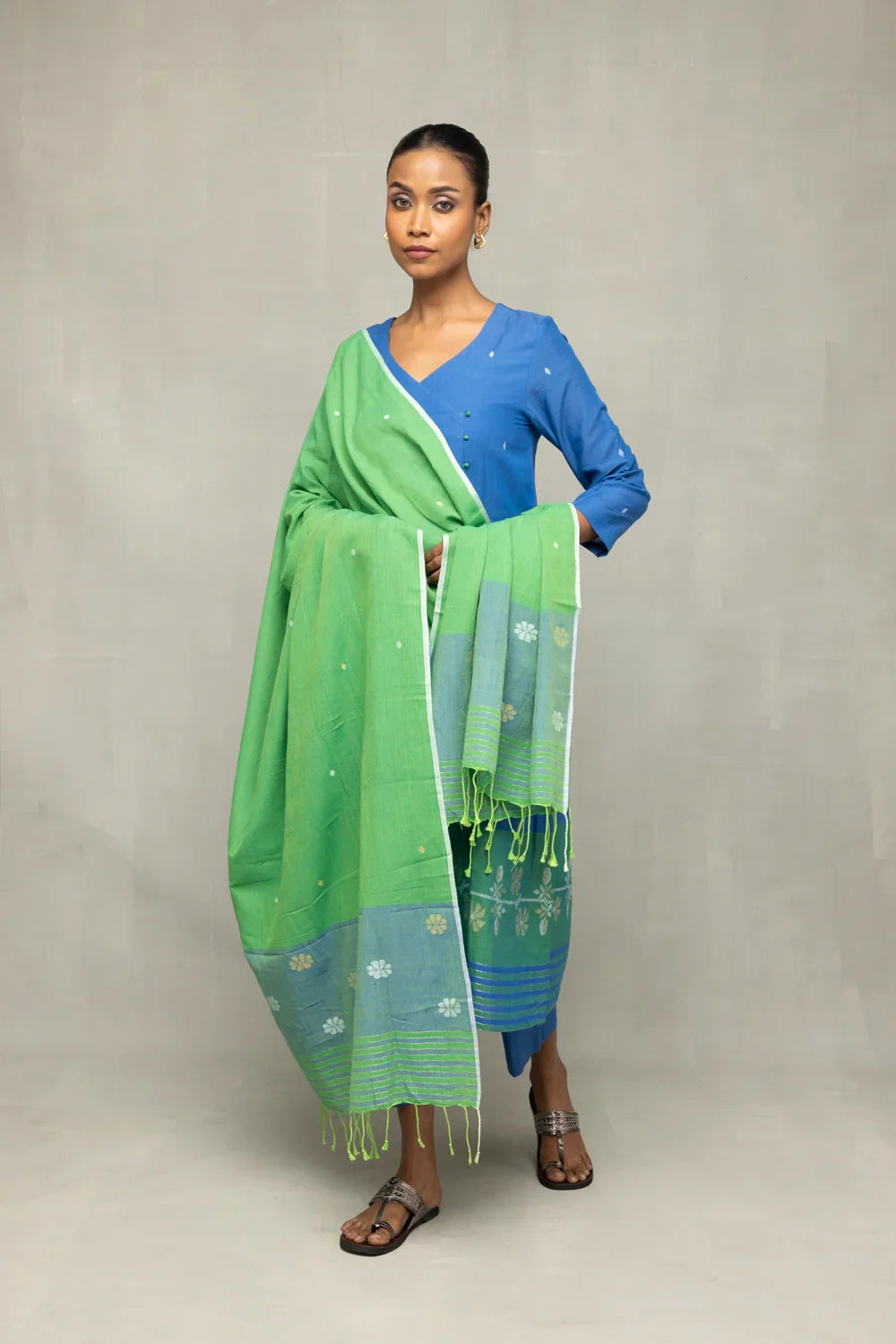 Blue and Green Jamdani Kurta Set With Dupatta  | SHOBITAM