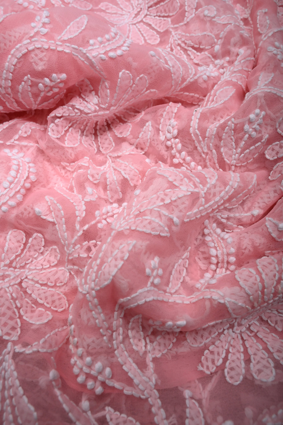Rose Pink Authentic Hand-Embroidered Full Jaal Chikankari Georgette Saree with Sequins and Border  | SHOBITAM