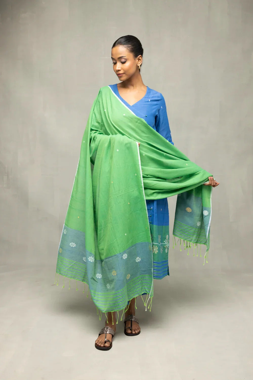 Blue and Green Jamdani Kurta Set With Dupatta  | SHOBITAM