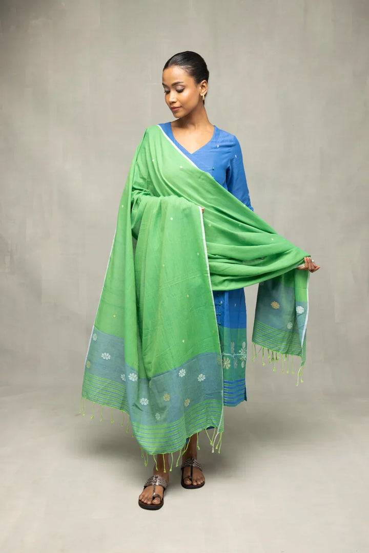 Blue and Green Jamdani Kurta Set With Dupatta  | SHOBITAM