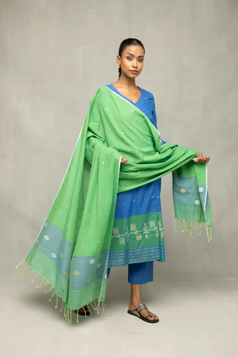 Blue and Green Jamdani Kurta Set With Dupatta  | SHOBITAM