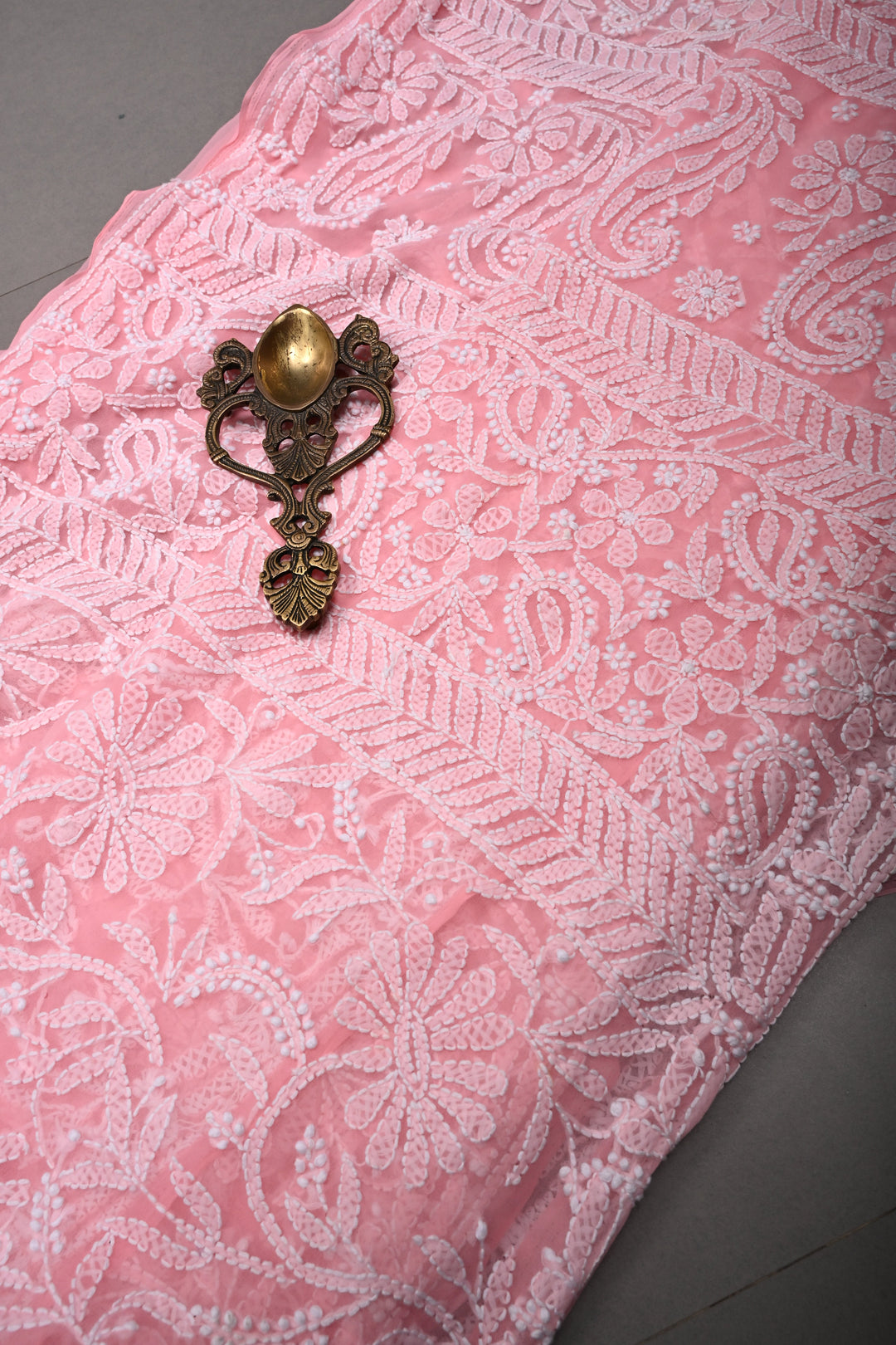 Rose Pink Authentic Hand-Embroidered Full Jaal Chikankari Georgette Saree with Sequins and Border  | SHOBITAM