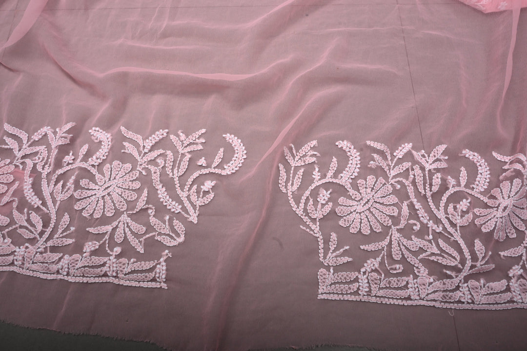 Rose Pink Authentic Hand-Embroidered Full Jaal Chikankari Georgette Saree with Sequins and Border  | SHOBITAM
