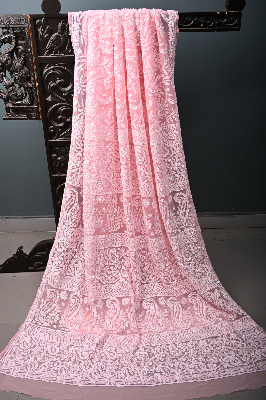 Rose Pink Authentic Hand-Embroidered Full Jaal Chikankari Georgette Saree with Sequins and Border  | SHOBITAM