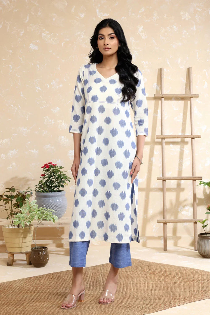 White & Blue Handwoven Pure Cotton Ikkat Co-ord Set | SHOBITAM