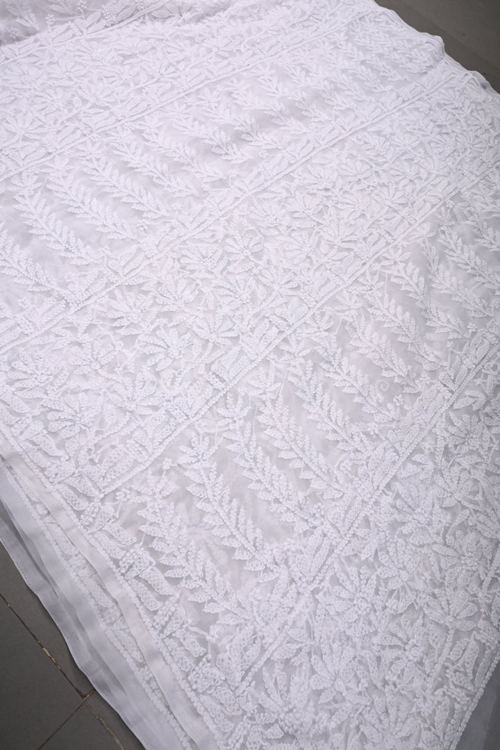 White Authentic Hand-Embroidered Full Jaal Chikankari Georgette Saree with Border  | SHOBITAM