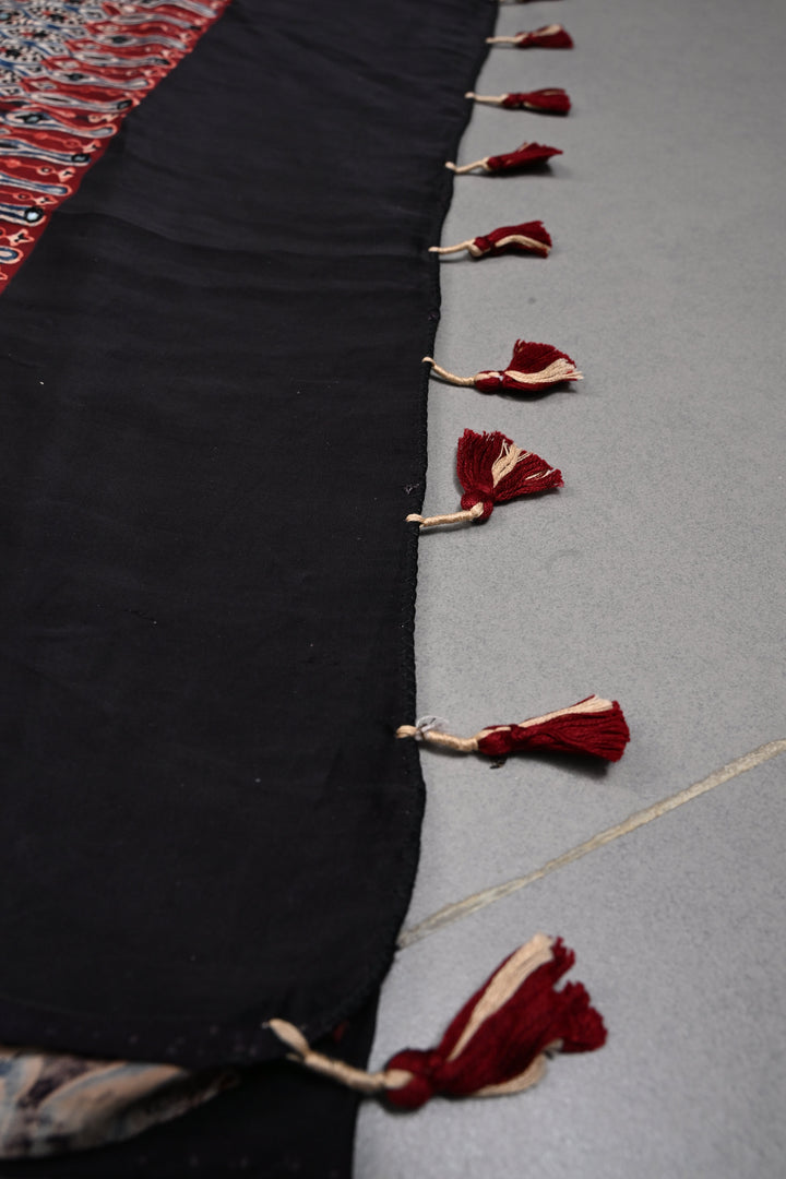 Black Authentic Hand Block Print on Modal Silk Saree with Hand Embellished Tikki work and Minimal Border | SHOBITAM