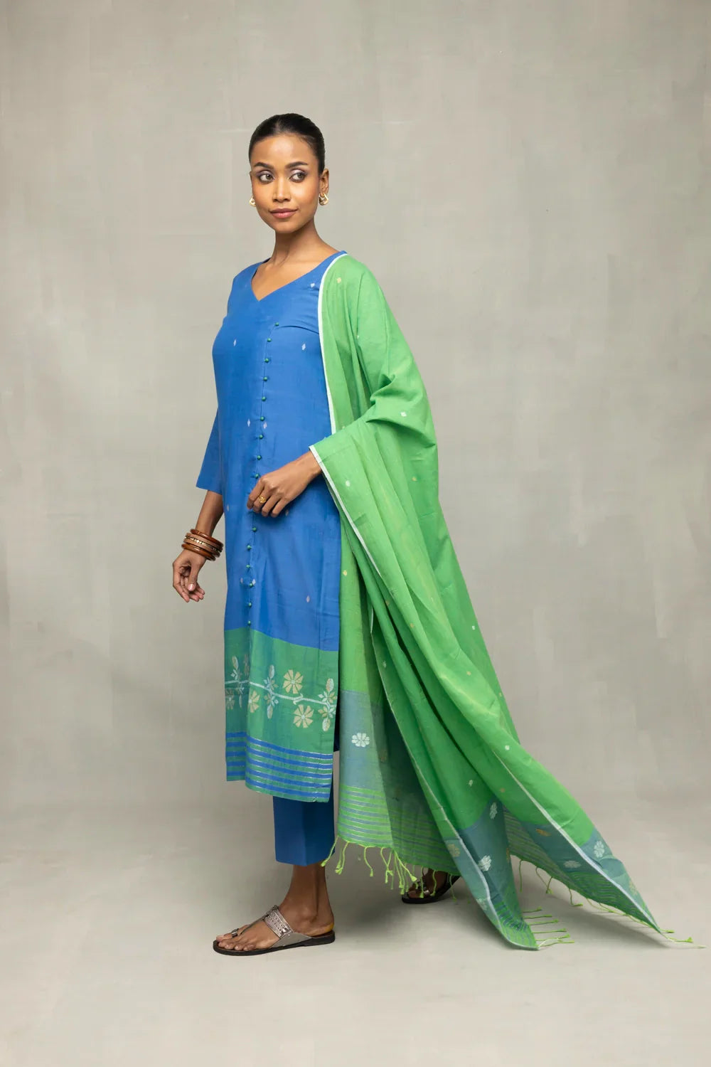 Blue and Green Jamdani Kurta Set With Dupatta  | SHOBITAM