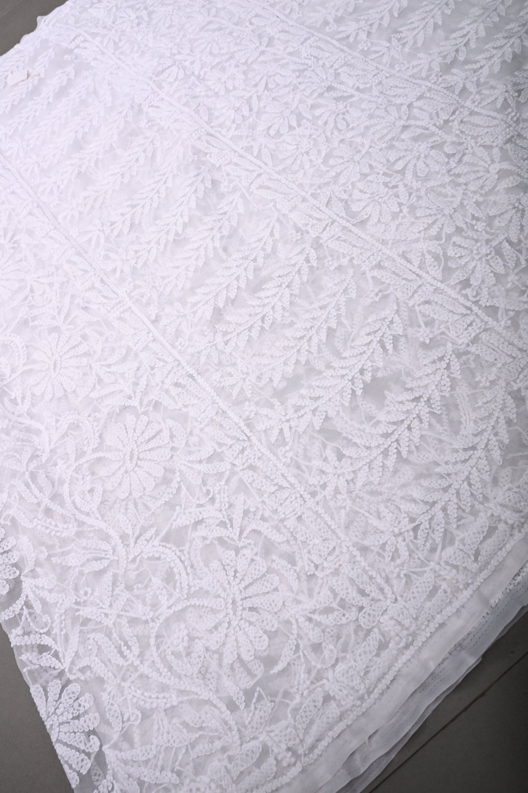 White Authentic Hand-Embroidered Full Jaal Chikankari Georgette Saree with Border  | SHOBITAM