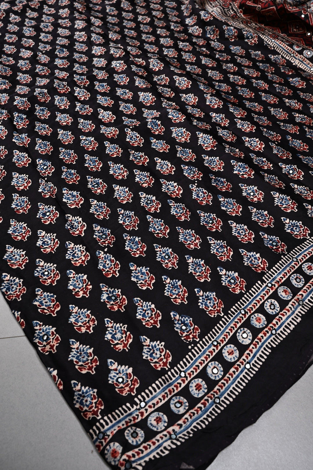 Black Authentic Hand Block Print on Modal Silk Saree with Hand Embellished Tikki work and Minimal Border | SHOBITAM
