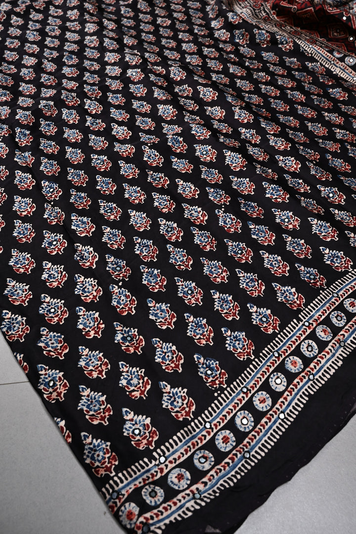 Black Authentic Hand Block Print on Modal Silk Saree with Hand Embellished Tikki work and Minimal Border | SHOBITAM