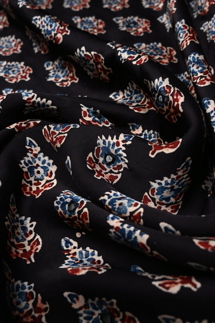 Black Authentic Hand Block Print on Modal Silk Saree with Hand Embellished Tikki work and Minimal Border | SHOBITAM