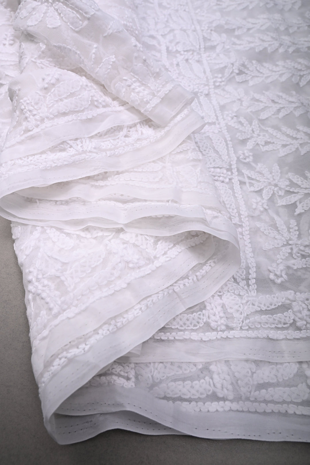 White Authentic Hand-Embroidered Full Jaal Chikankari Georgette Saree with Border  | SHOBITAM
