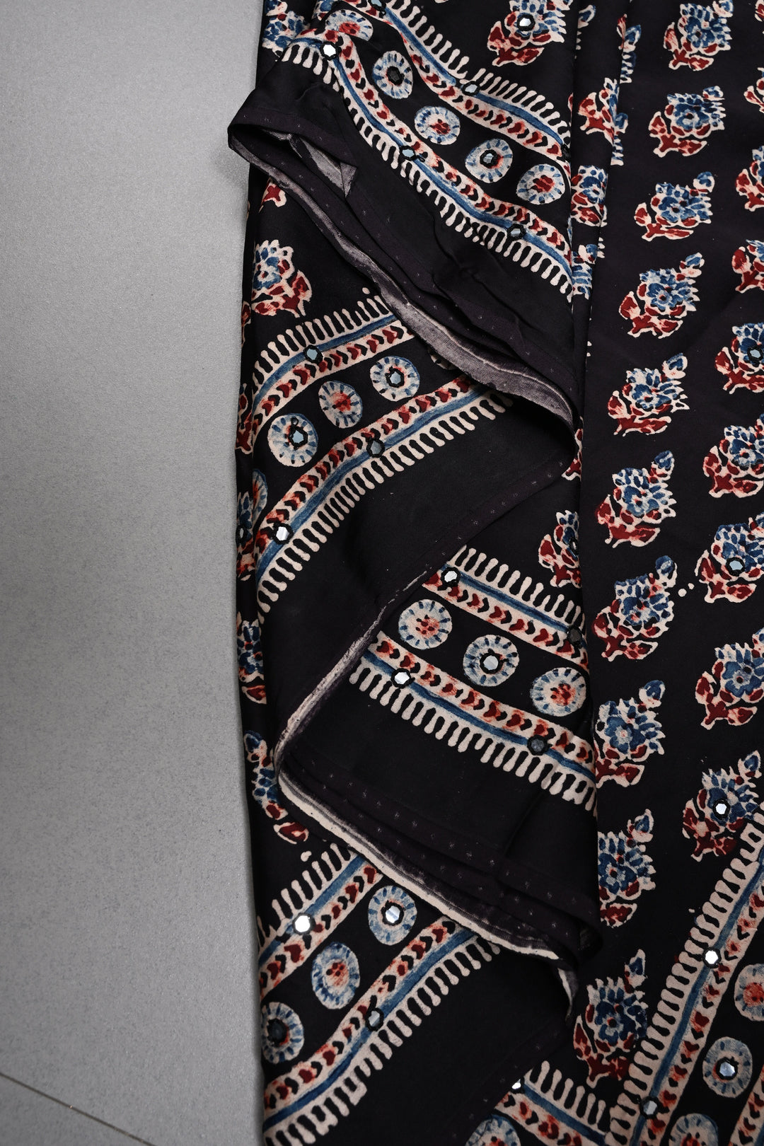 Black Authentic Hand Block Print on Modal Silk Saree with Hand Embellished Tikki work and Minimal Border | SHOBITAM