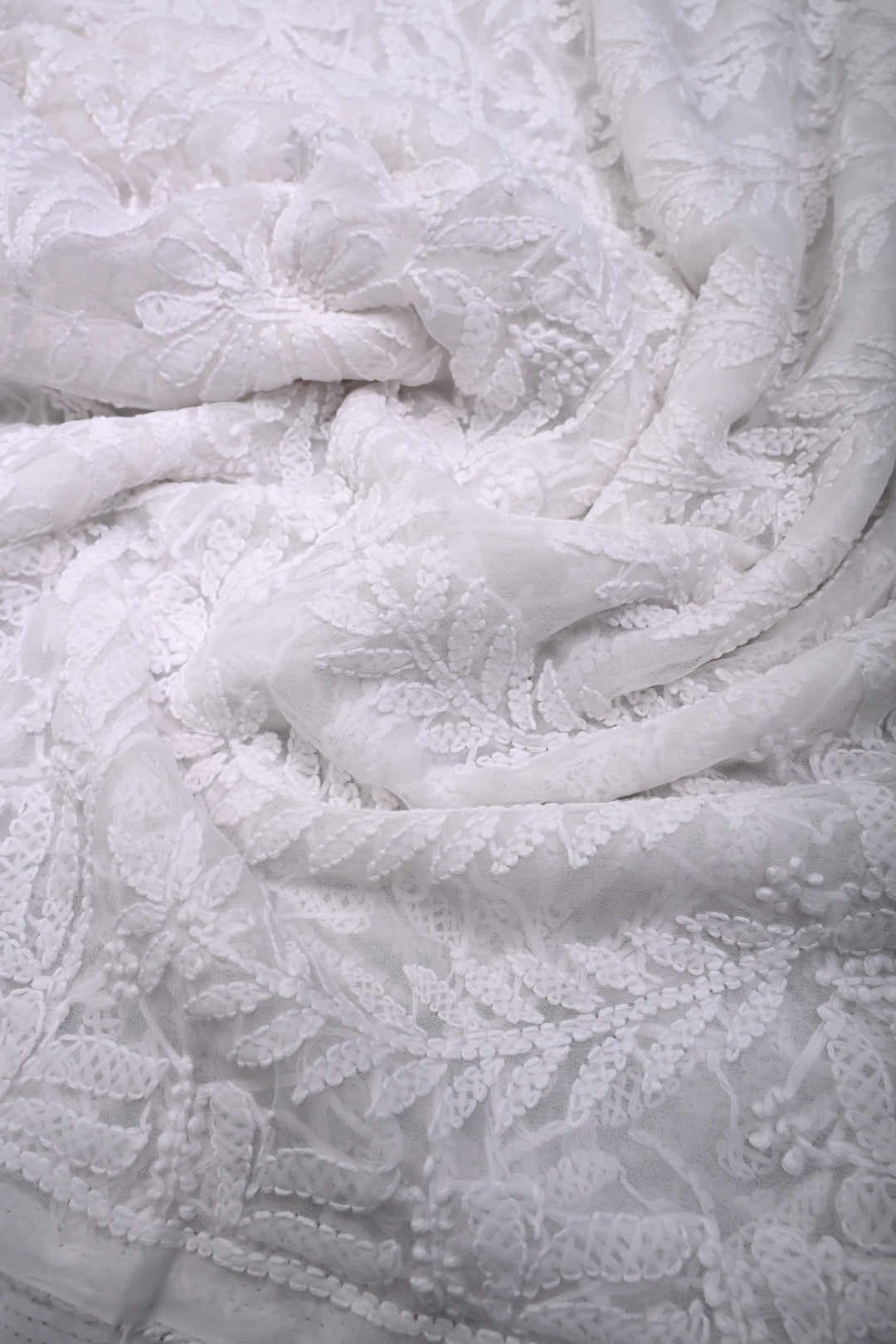 White Authentic Hand-Embroidered Full Jaal Chikankari Georgette Saree with Border  | SHOBITAM