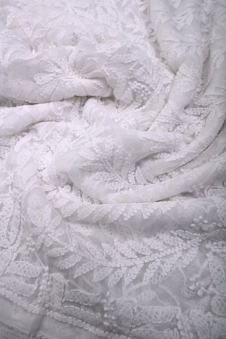White Authentic Hand-Embroidered Full Jaal Chikankari Georgette Saree with Border  | SHOBITAM