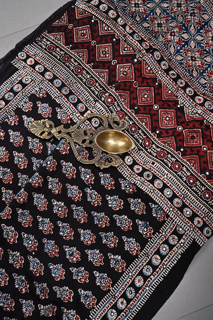 Black Authentic Hand Block Print on Modal Silk Saree with Hand Embellished Tikki work and Minimal Border | SHOBITAM