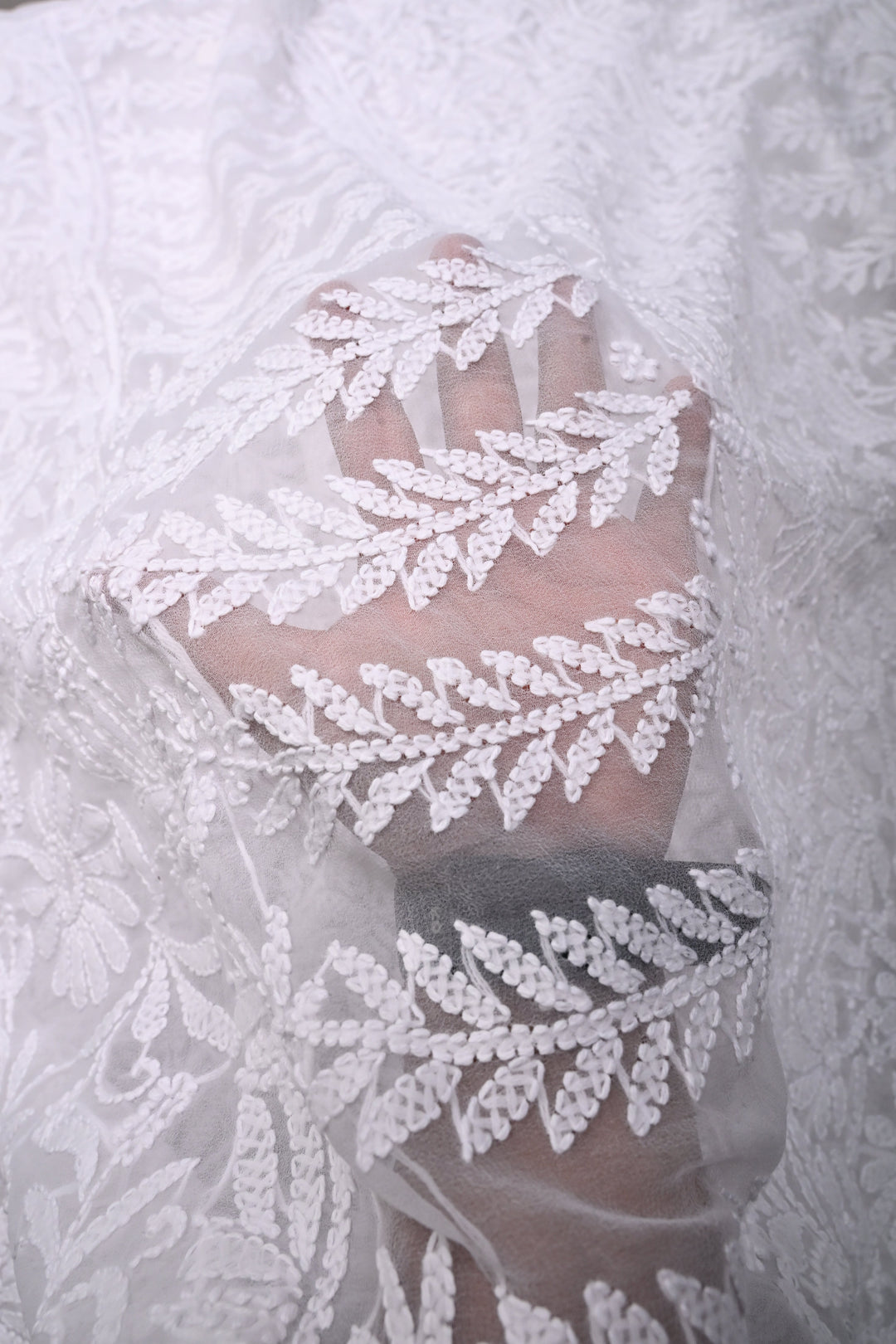 White Authentic Hand-Embroidered Full Jaal Chikankari Georgette Saree with Border  | SHOBITAM