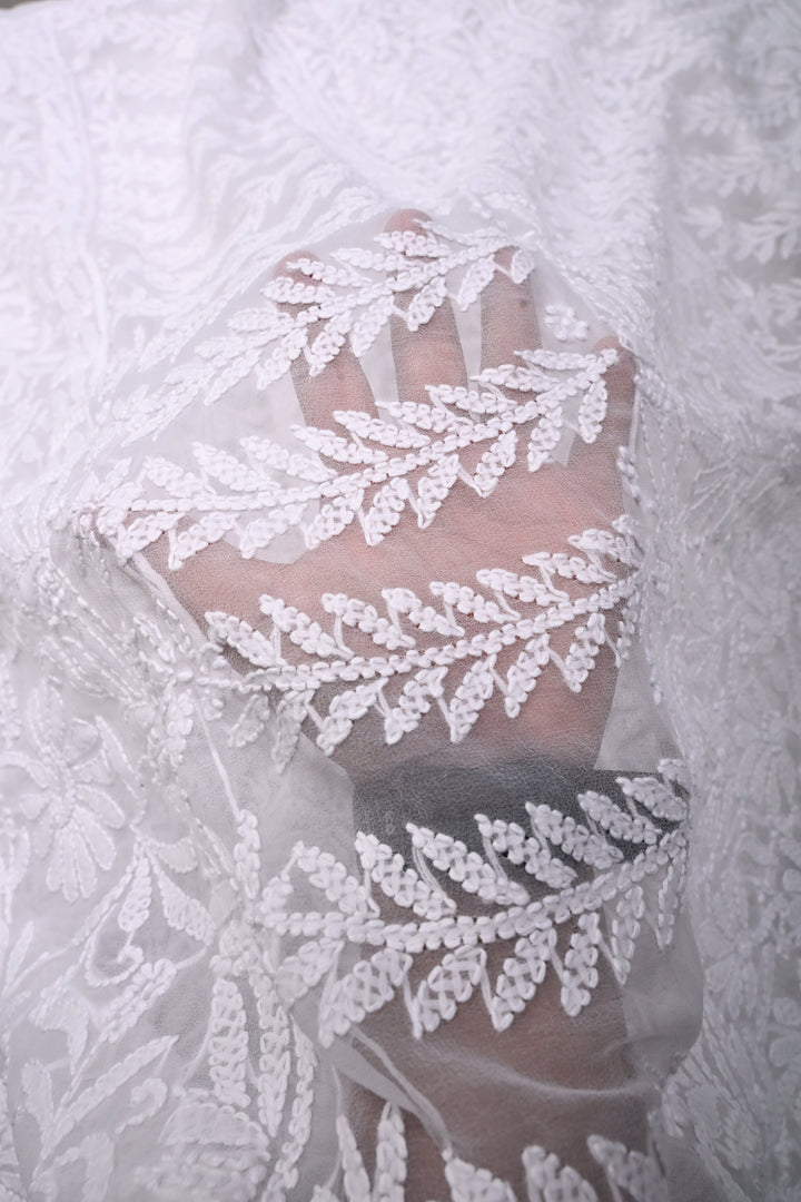 White Authentic Hand-Embroidered Full Jaal Chikankari Georgette Saree with Border  | SHOBITAM