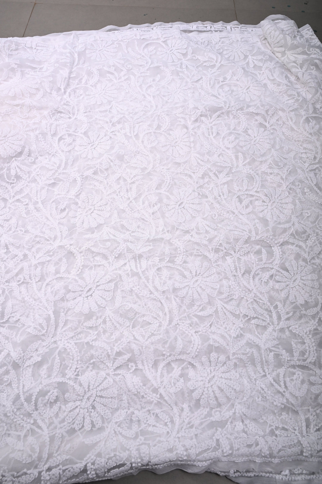White Authentic Hand-Embroidered Full Jaal Chikankari Georgette Saree with Border  | SHOBITAM