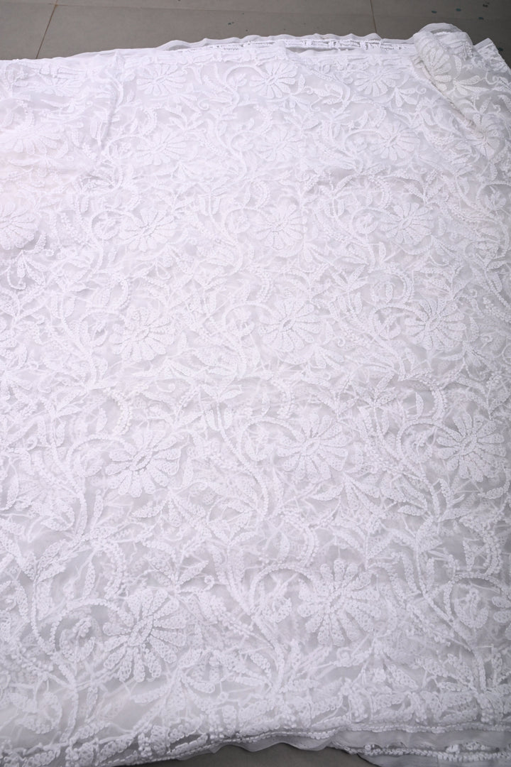 White Authentic Hand-Embroidered Full Jaal Chikankari Georgette Saree with Border  | SHOBITAM