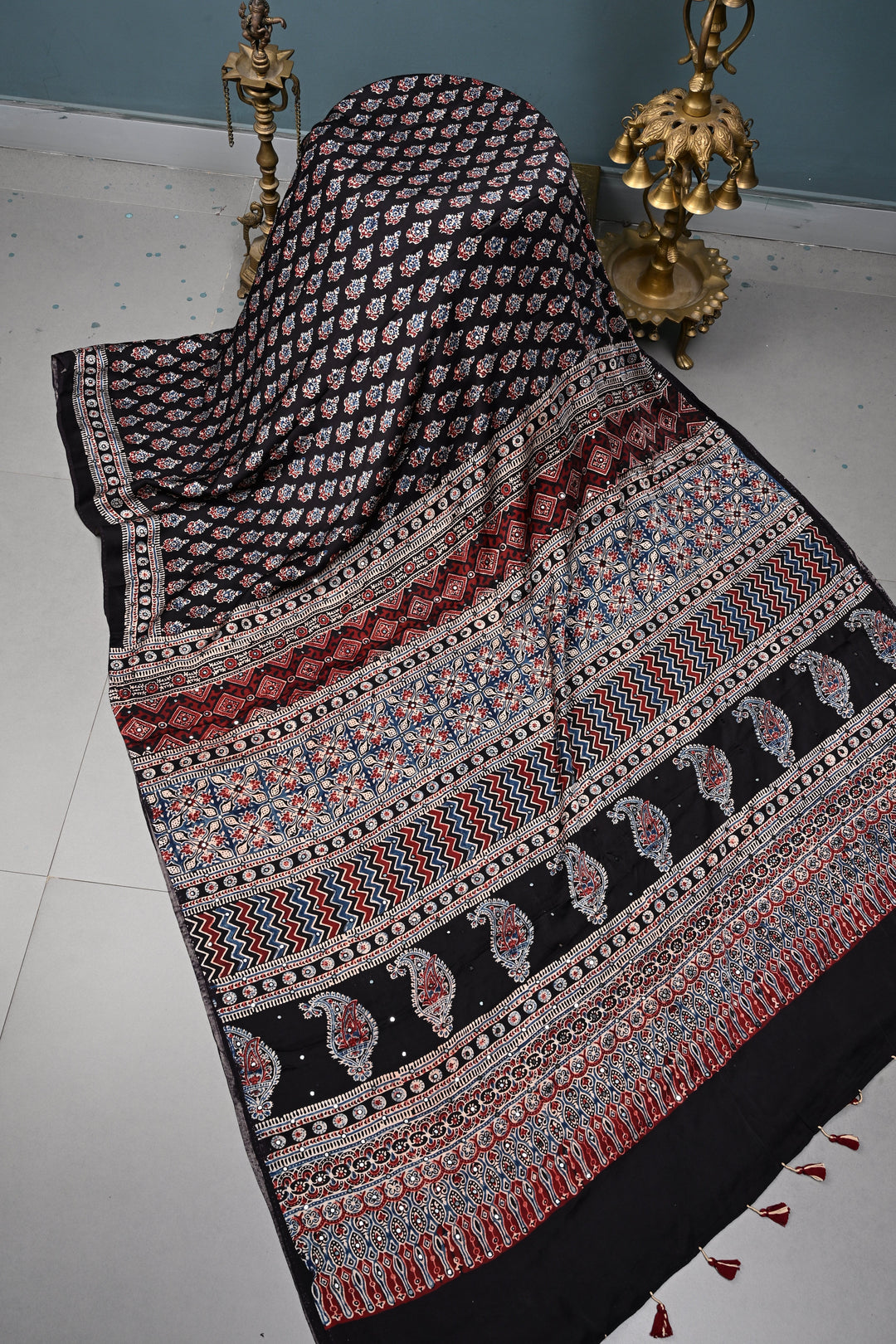 Black Authentic Hand Block Print on Modal Silk Saree with Hand Embellished Tikki work and Minimal Border | SHOBITAM