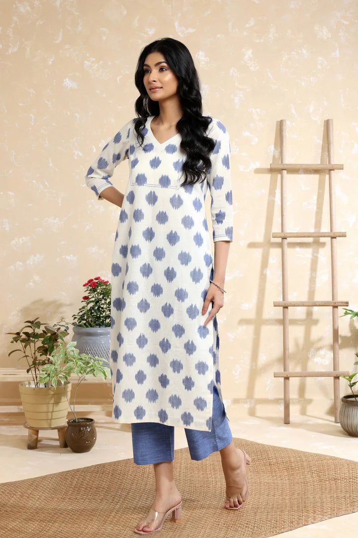 White & Blue Handwoven Pure Cotton Ikkat Co-ord Set | SHOBITAM