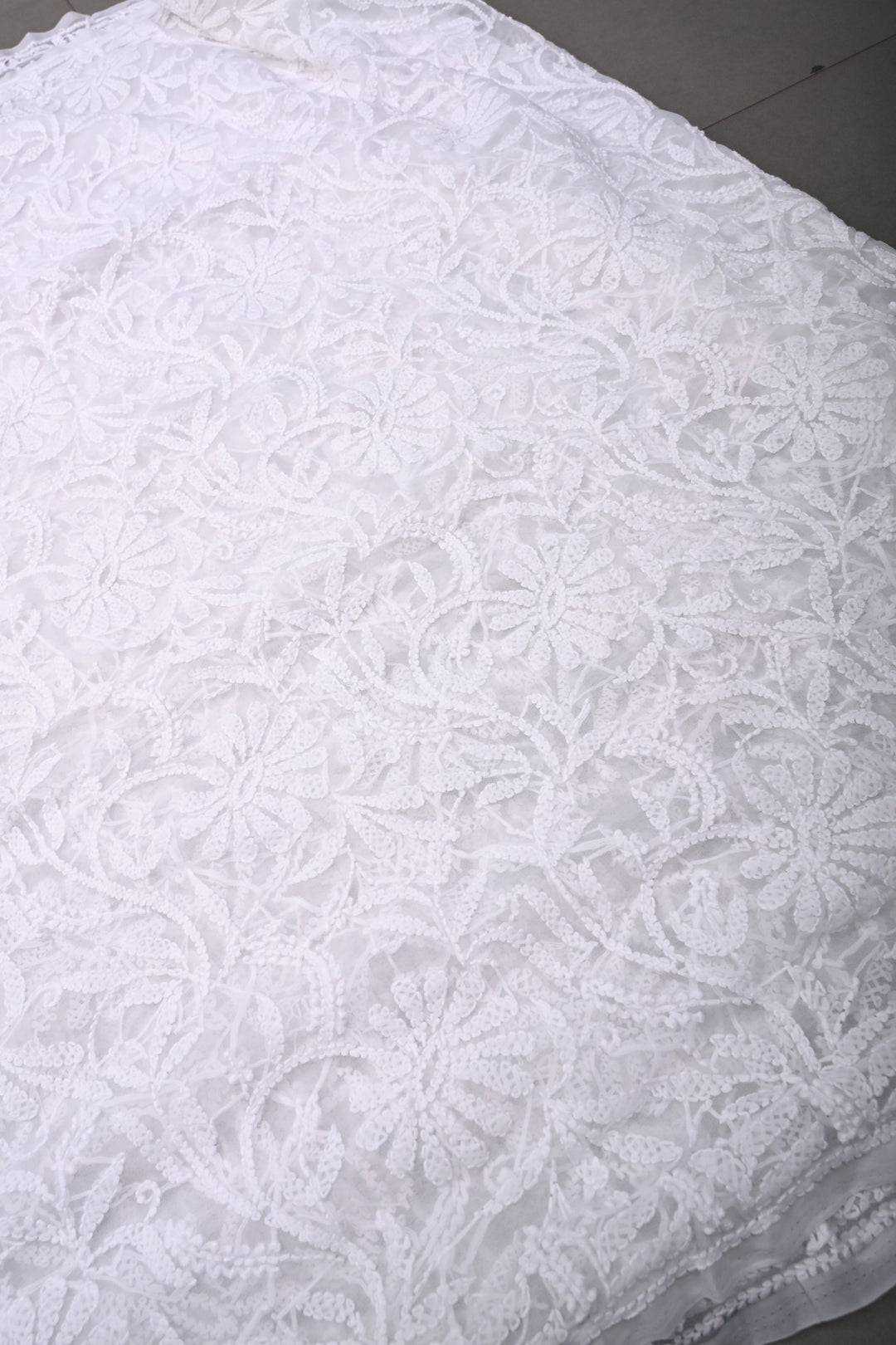 White Authentic Hand-Embroidered Full Jaal Chikankari Georgette Saree with Border  | SHOBITAM
