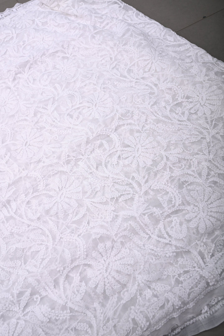 White Authentic Hand-Embroidered Full Jaal Chikankari Georgette Saree with Border  | SHOBITAM