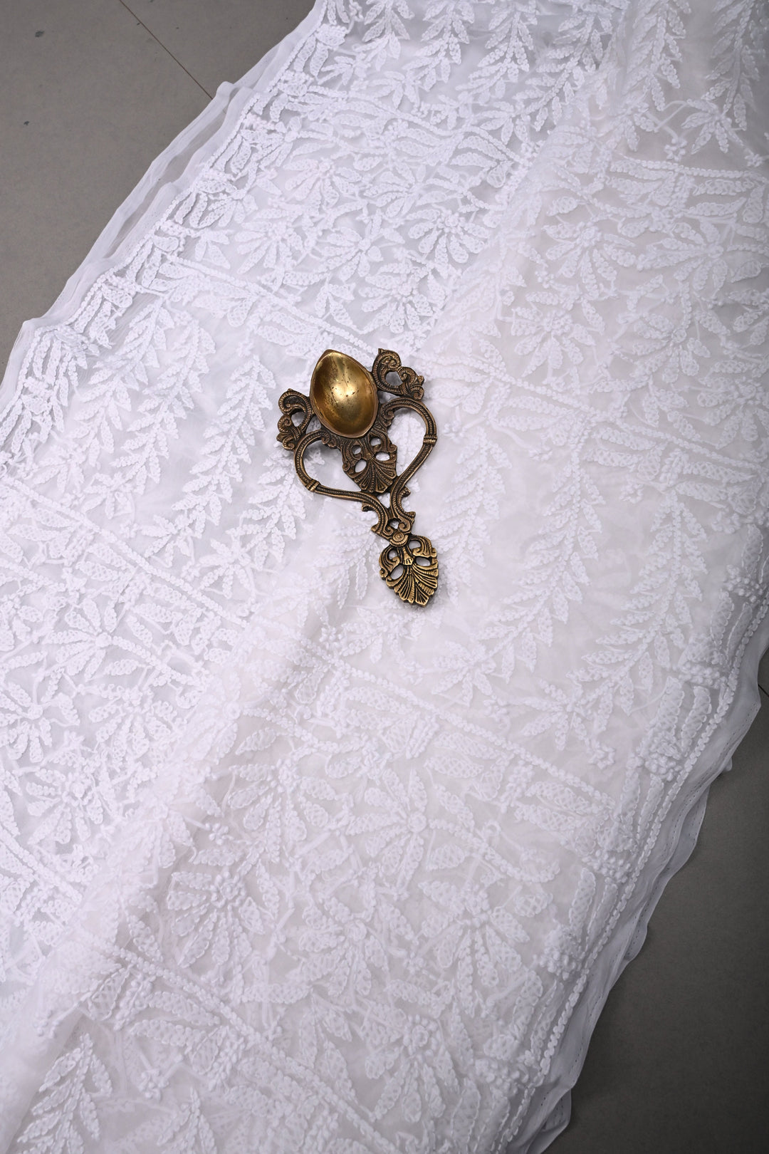 White Authentic Hand-Embroidered Full Jaal Chikankari Georgette Saree with Border  | SHOBITAM