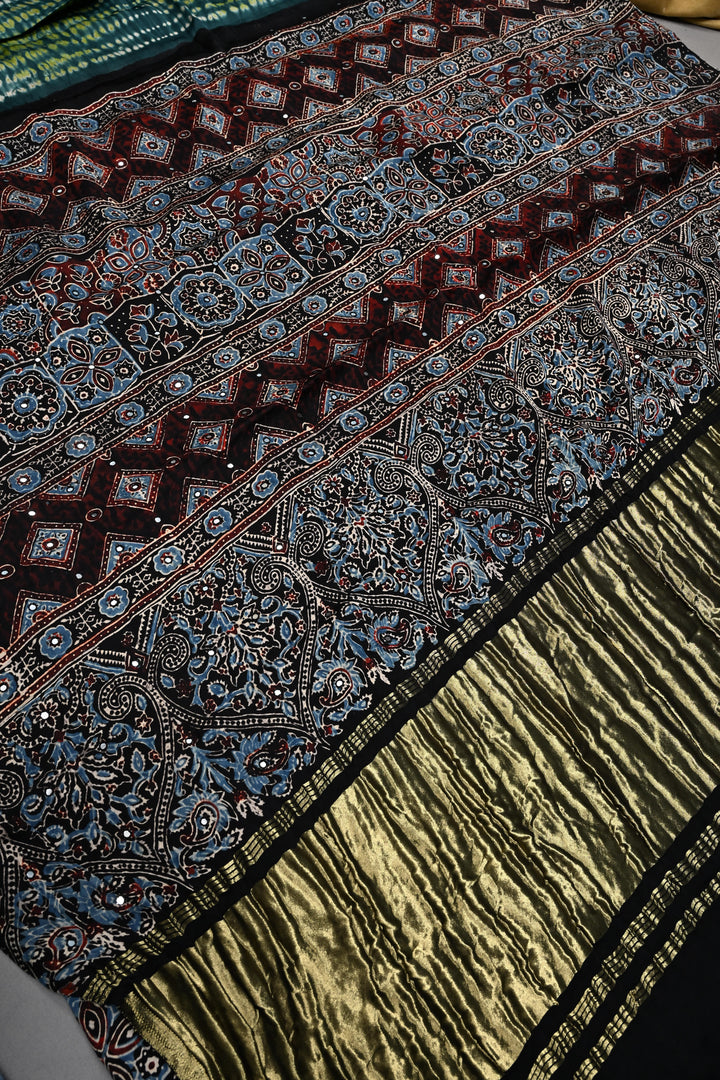 Tikki Work on Ajrakh Shibori Handcrafted Jugalbandi Saree in Teal Modal Silk  | SHOBITAM