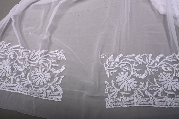 White Authentic Hand-Embroidered Full Jaal Chikankari Georgette Saree with Border  | SHOBITAM