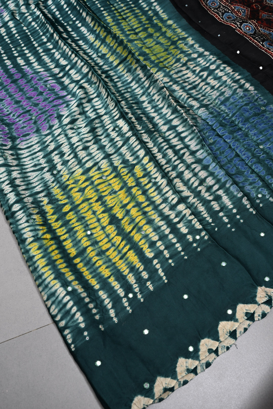 Tikki Work on Ajrakh Shibori Handcrafted Jugalbandi Saree in Teal Modal Silk  | SHOBITAM