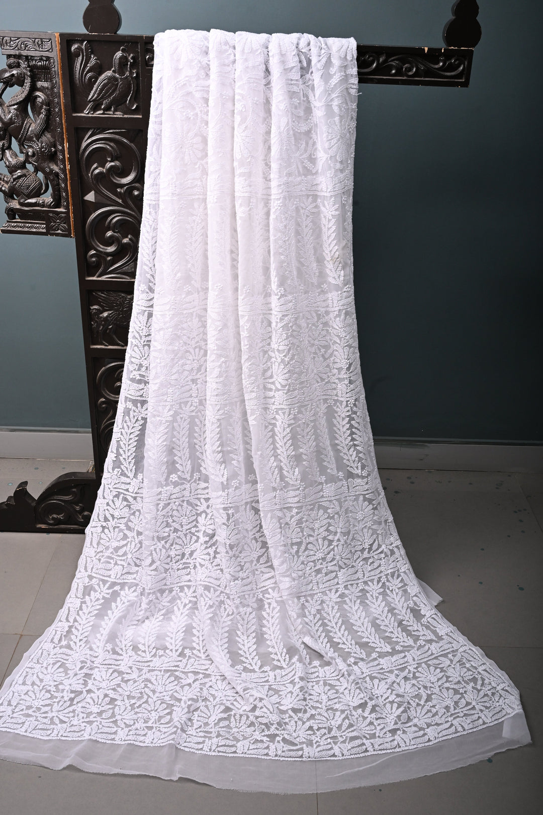 White Authentic Hand-Embroidered Full Jaal Chikankari Georgette Saree with Border  | SHOBITAM