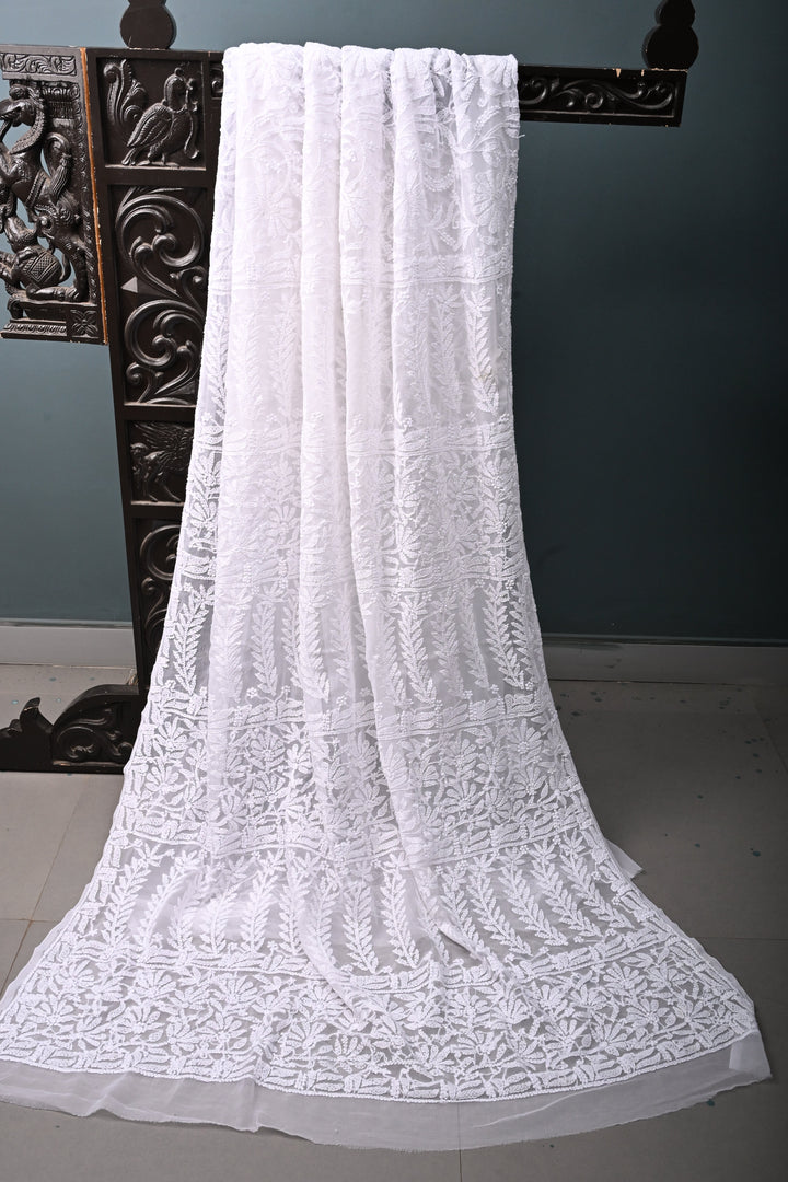 White Authentic Hand-Embroidered Full Jaal Chikankari Georgette Saree with Border  | SHOBITAM