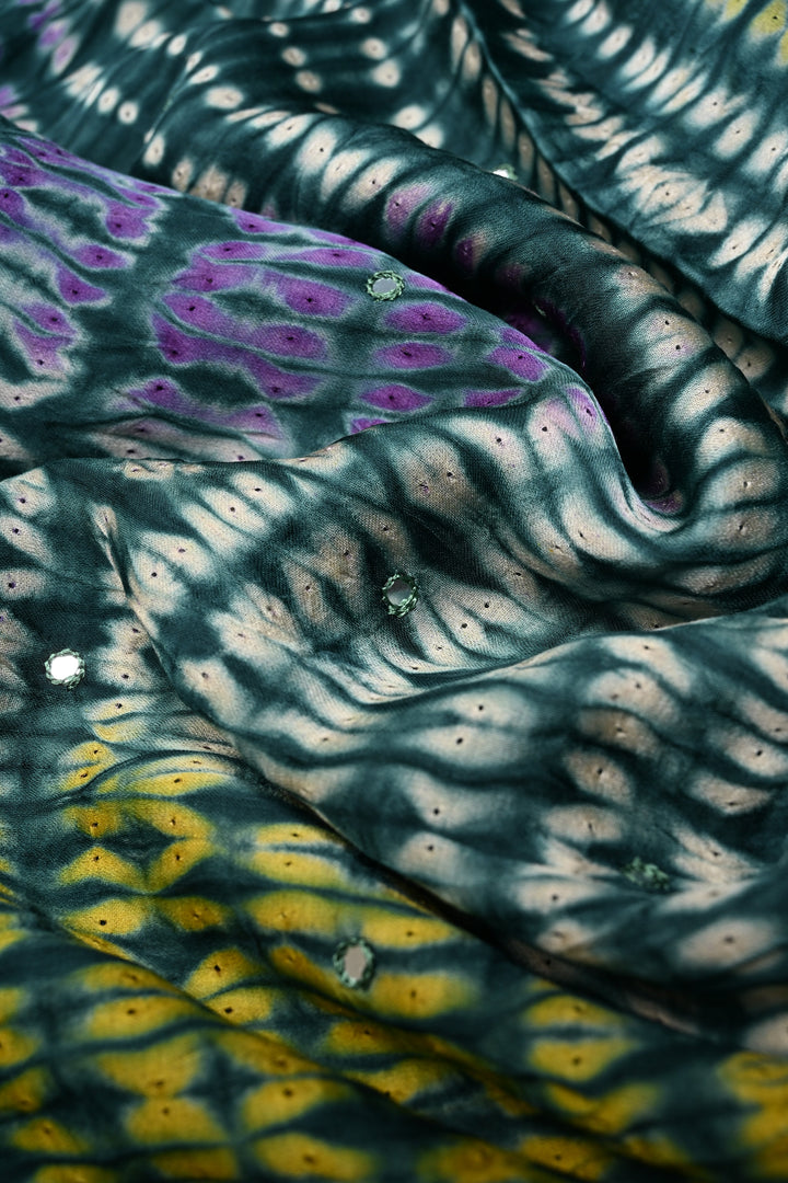 Tikki Work on Ajrakh Shibori Handcrafted Jugalbandi Saree in Teal Modal Silk  | SHOBITAM