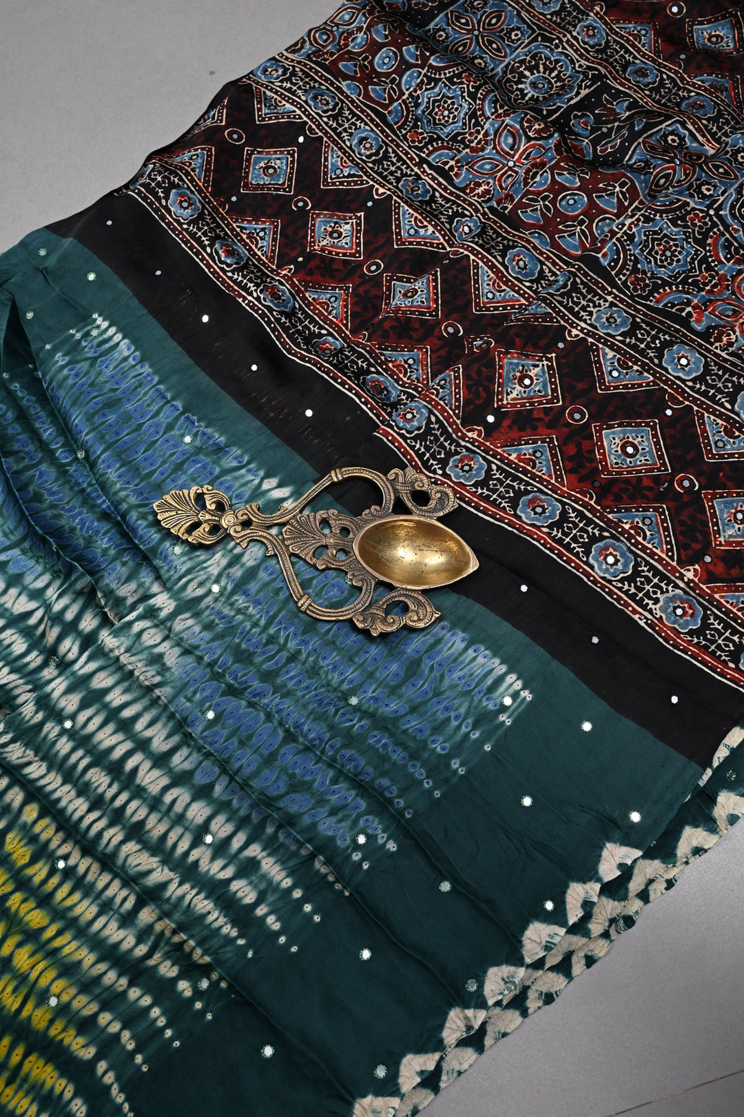 Tikki Work on Ajrakh Shibori Handcrafted Jugalbandi Saree in Teal Modal Silk  | SHOBITAM
